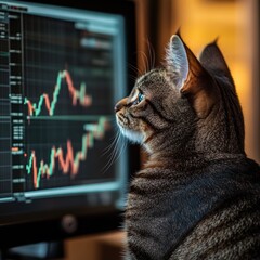 In a cozy indoor setting, a curious tabby cat is seen looking at a computer screen displaying a spreadsheet with various data
