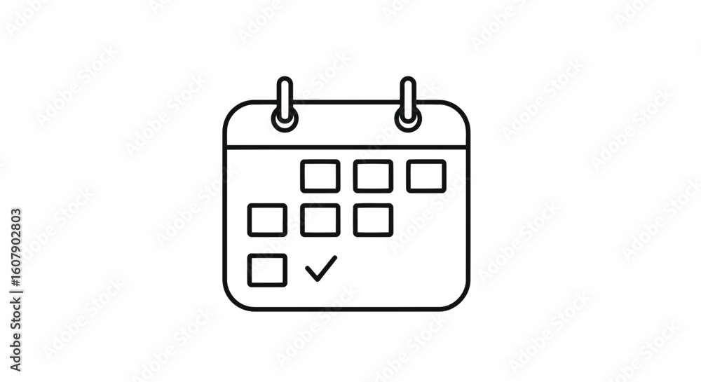 Poster vector art of a simple outline icon of a calendar with a checkmark on one of the days, symbolizing a