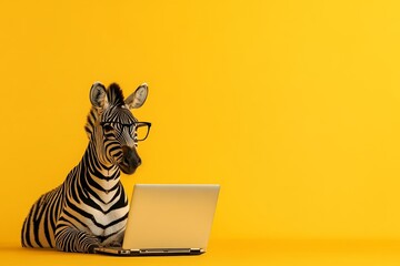 On a bright yellow background, a bespectacled zebra is busy working on its laptop