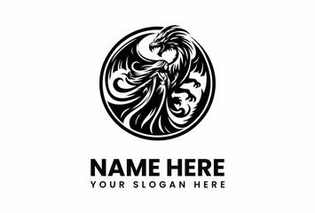 Intricate Dragon and Woman Silhouette Within a Circular Emblem Design.