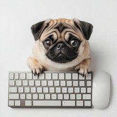 The top view of a dog using a computer with a keyboard is an amusing sight