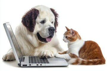 In front of a laptop, a tabby cat and a Saint Bernard puppy are situated