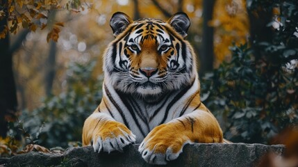 Tiger resting, gazing forward with intense amber eyes