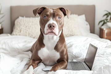 The American Staffordshire Terrier dog is resting on a bed near a laptop