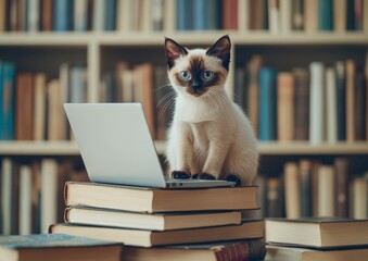 The scene depicts a Siamese kitten with blue eyes sitting in front of a miniature laptop computer that is stacked on top of books, with a background of books, looking to the viewer's right with a