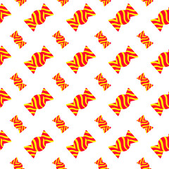 Seamless pattern with wrapped striped Candy. Red, yellow, purple sweet doodles for Valentine and holiday use. Candy drawing in cute wrapper. Great Candy repeat design for wrapping, wrap, wallpapers.