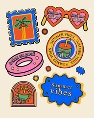 Summer vibes retro sticker set vector