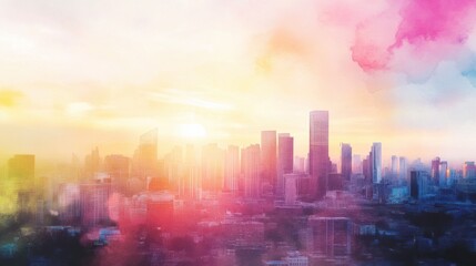 Hybrid cityscape combining painting textures and realistic sunset photography