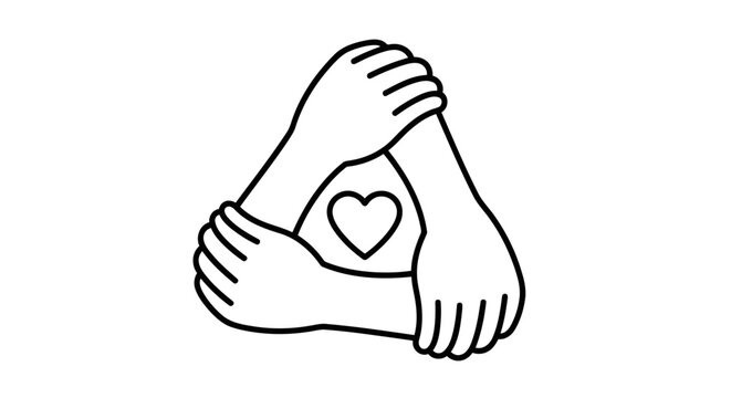 Vector art of three hands interlocking in a triangular formation, embracing a central heart symbol, representing unity and love