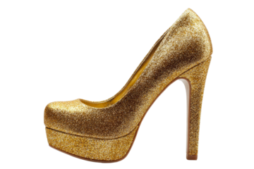 A gold glittery high heel shoe with a shiny gold sole