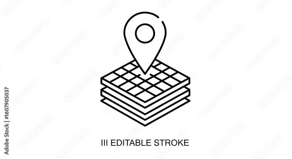 Poster vector art of a stylized isometric line art illustration of a map pin icon placed on top of stacked 