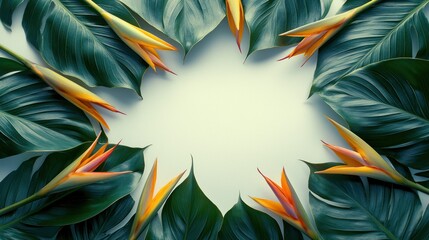 Tropical leaves, bird of paradise flowers frame pale copy space