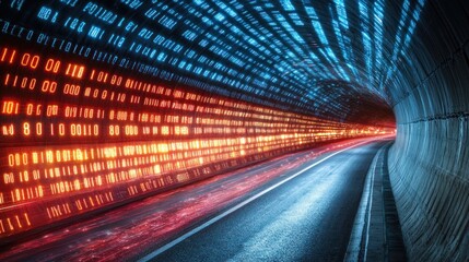 Tunnel illuminated by binary code, red and blue