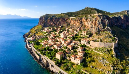 Coastal village nestled in a dramatic cliffside