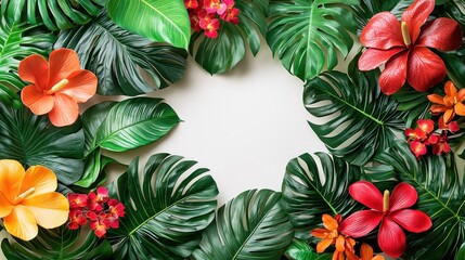 Tropical leaves, blooms frame soft central empty space