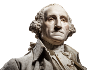 A statue of George Washington is shown with his head tilted to the side
