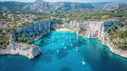 Turquoise bay with boats, white cliffs & trees
