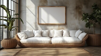Mockup in Interior: Empty Frame Above Stylish Sofa in Cozy Living Room with Plants