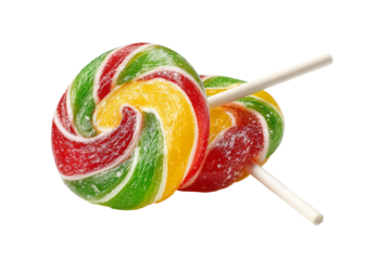 Two lollipops with a green, yellow and red swirl