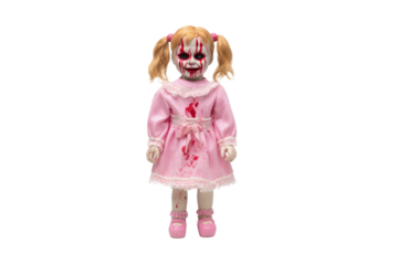 A doll with red paint on her face and dress
