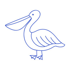 Pelican bird in marine blue line art style. Vector editable stroke outline. Minimalist icon illustration.
