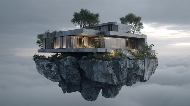 Modern house on a floating rock island surrounded by clouds with trees and large glass windows visible