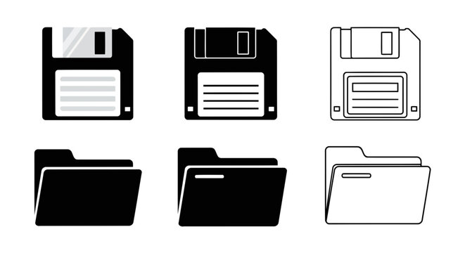 Vector art of a collection of vintage floppy disk and folder icons, representing data storage and file management in technology