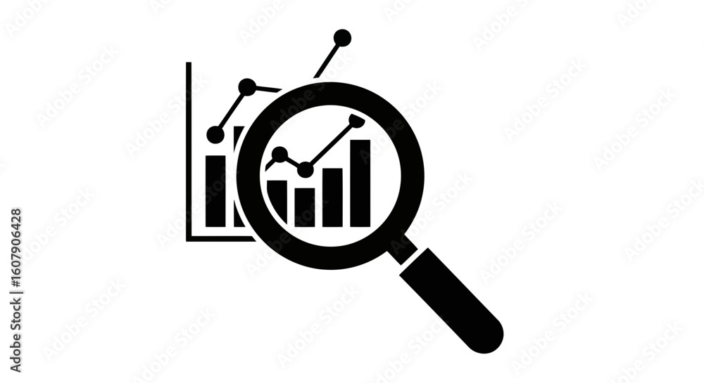 Aufkleber vector art of a magnifying glass is used to examine a bar chart with a line graph showing upward tre