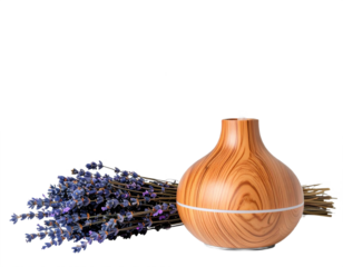 Experience serene relaxation with this elegant wood grain essential oil diffuser and calming lavender bundle.