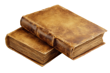 Two old leather bound books are stacked on top of each other