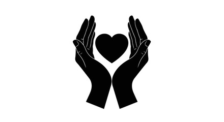 Vector art of two black hands gently cradle a dark heart, symbolizing care, love, and protection