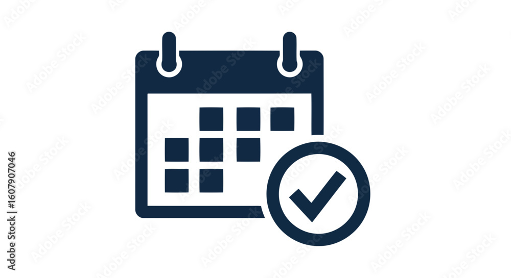 Poster vector art of a dark blue calendar icon with a checkmark in a circle, symbolizing a scheduled event 