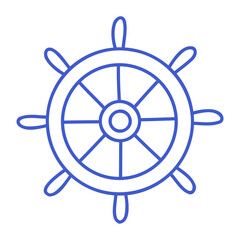 Obraz premium Ship wheel in marine blue line art style. Vector editable stroke outline. Minimalist icon illustration.