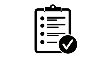 Vector art of a black and white icon of a clipboard with a checklist and a checkmark symbol indicating completion