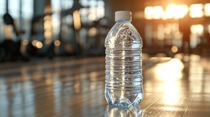 Water bottle, gym floor; sunlight streams in