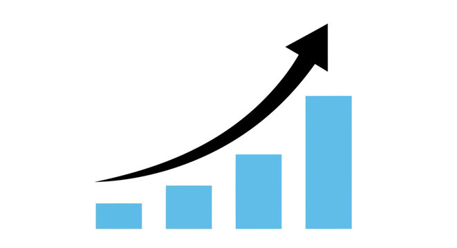 Vector art of a blue bar chart shows a steady upward trend with a black arrow indicating growth and progress
