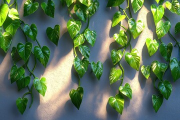 Wall with clinging, heart-shaped green leaves, sunlight
