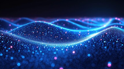Wavy, abstract field of blue and pink glowing particles