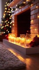 Warm fireplace glows with candles & Christmas tree