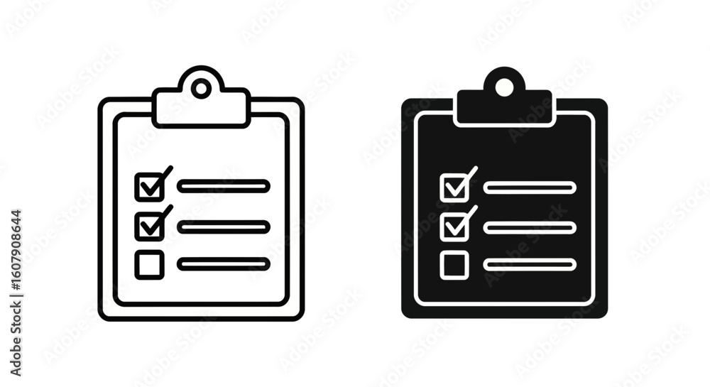 Poster vector art of two contrasting icons of a clipboard with a checklist, one outlined in black and white