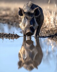 Wild boar reflects in a puddle