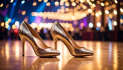 Glittery gold heels on polished floor, blurred party background