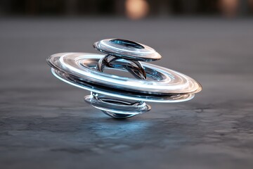 A futuristic chrome sculpture with rings and curved elements on a gray textured surface in soft lighting