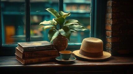 Window view books, plant, hat, teacup, brick wall