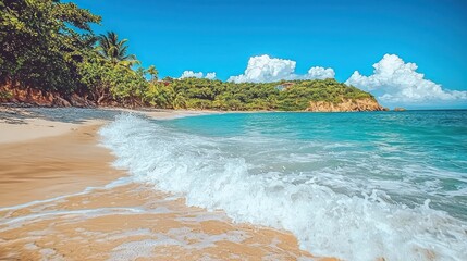 Waves breaking on a sunny, tropical beach