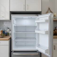 Empty open fridge in domestic kitchen