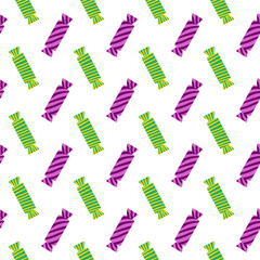 Candy design in seamless pattern with swirl wrapper and caramel. Candy layout suits Easter, Halloween and Christmas greeting cards or wrapping paper. Fun and tasty candy celebration style. Wrap