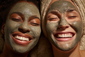 Fototapeta premium Smiling african and caucasian females enjoying relaxing facial spa masks together