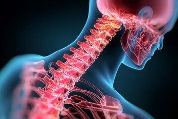 3d illustration of human neck anatomy highlighting spine and nervous system connections