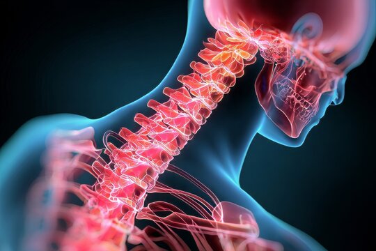 3d illustration of human neck anatomy highlighting spine and nervous system connections - Powered by Adobe
